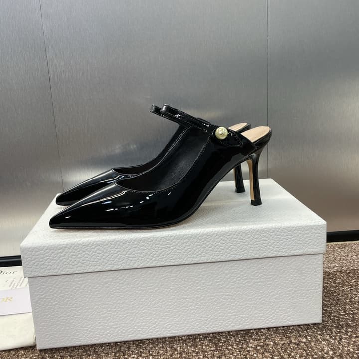 Dior J'Adior Jolie Pearl Pointed-Toe Mules – 2024 Spring/Summer Collection in Black Patent