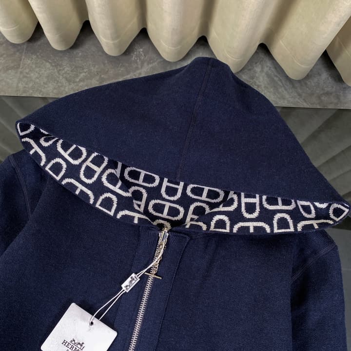 Hermès Classic Jacquard Cashmere Hooded Cardigan in Dark Jacquard Pattern