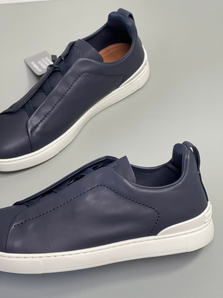 Zegna SECONDSKIN Triple Stitch Low-Top Sneakers in Navy Smooth Leather