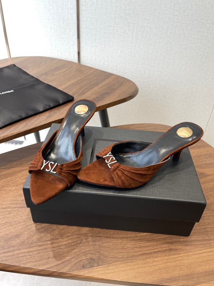 Saint Laurent Pointed Toe Stiletto Heeled Sandals – 26SS in Black - Gold Logo Plaque