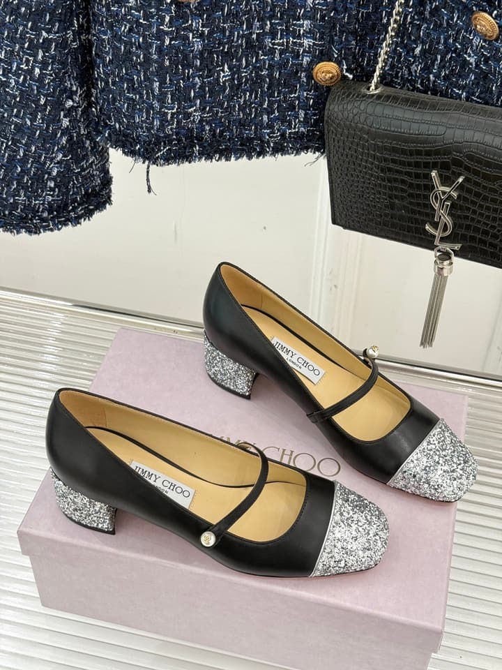 Jimmy Choo Color-block Pearl Mary Jane Heels – 25FW in Black Bow Detail