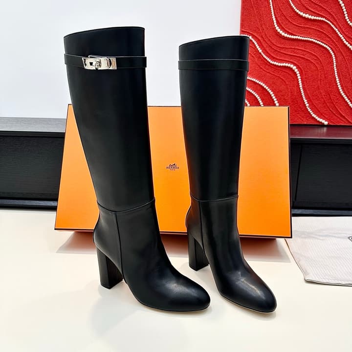 Hermès Kelly Buckle High Heel Knee-High Boots in Black Leather