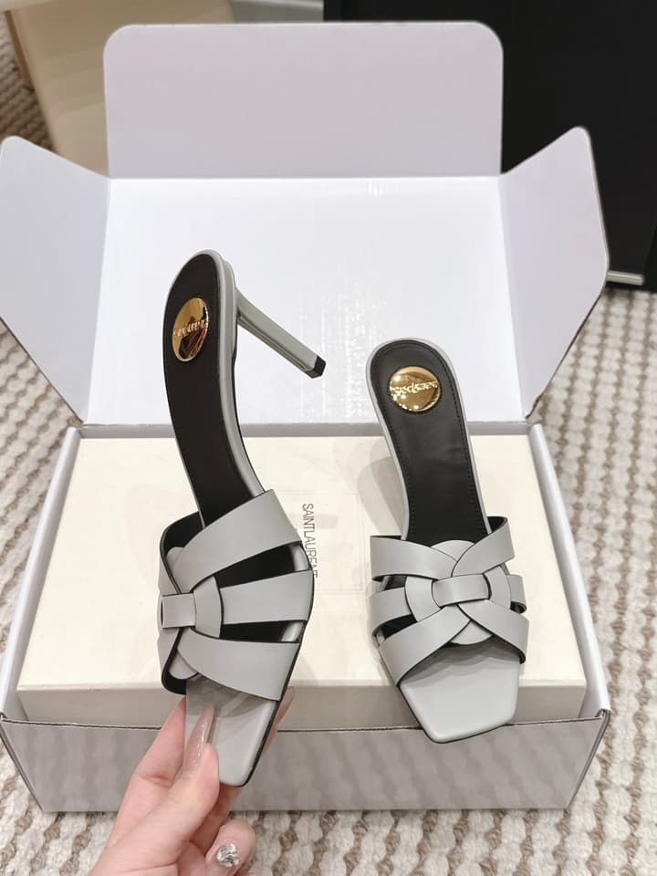 Saint Laurent Melody Square-Toe Heeled Sandals – 2026 Spring/Summer Collection in Beige Patent