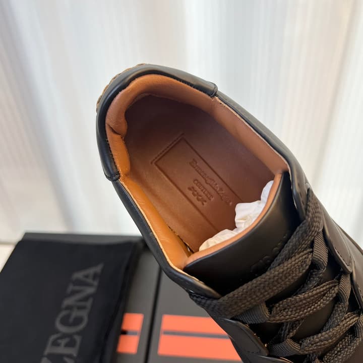 Zegna TIZIANO Calfskin Low-Top Sneakers in Black With White Sole