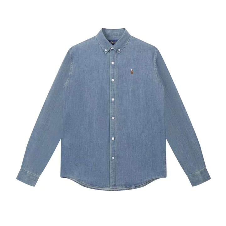 Ralph Lauren Washed Denim Shirt with Embroidered Logo in Dark Wash Denim Flat Lay
