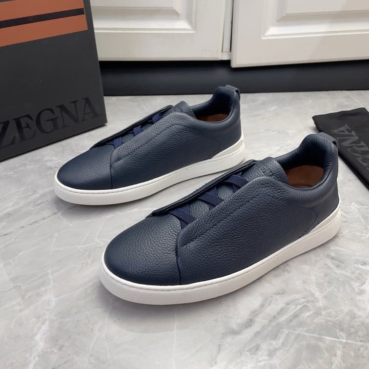 Zegna Triple Stitch Low-Top Sneakers in Navy Blue