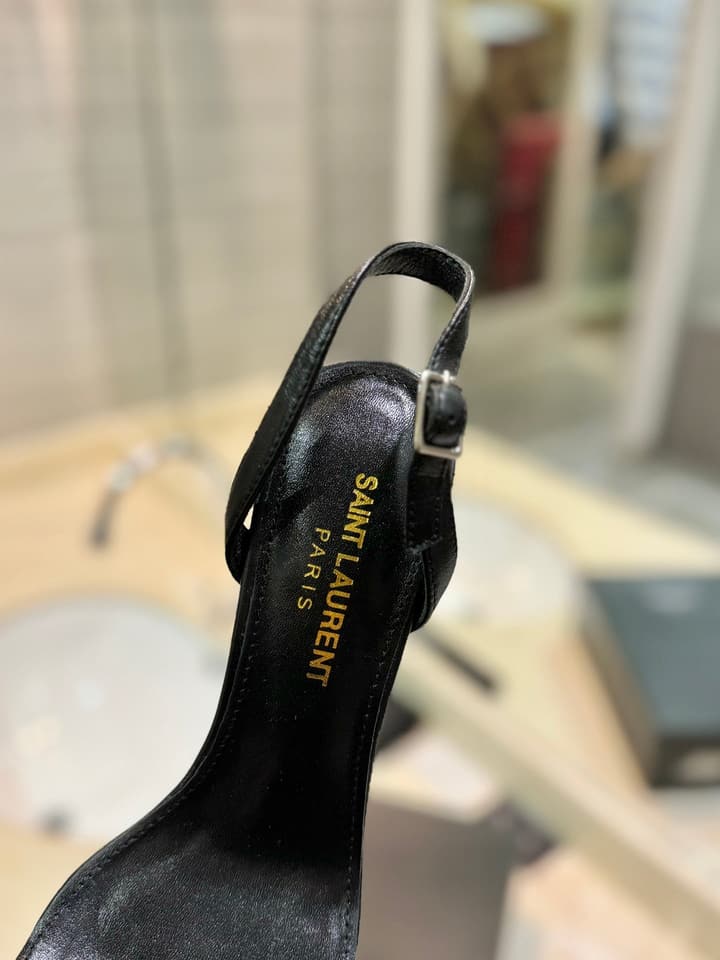 Saint Laurent YSL Logo Heeled Sandals in Apricot Patent