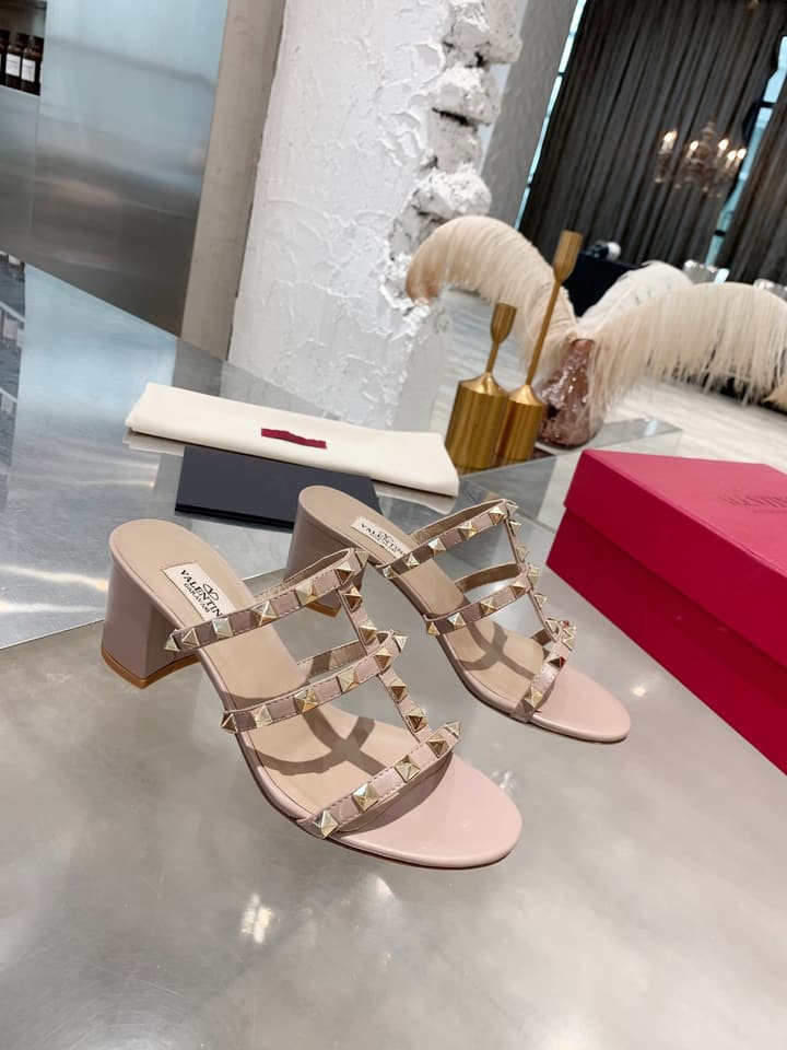 Valentino Rockstud Classic Block Heel Sandals in Nude With Gold Studs
