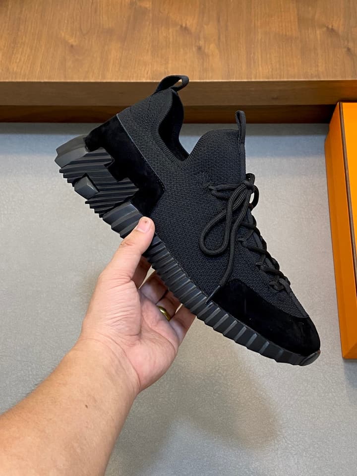 Hermès Suede and Denim Canvas Sneakers in Black And White