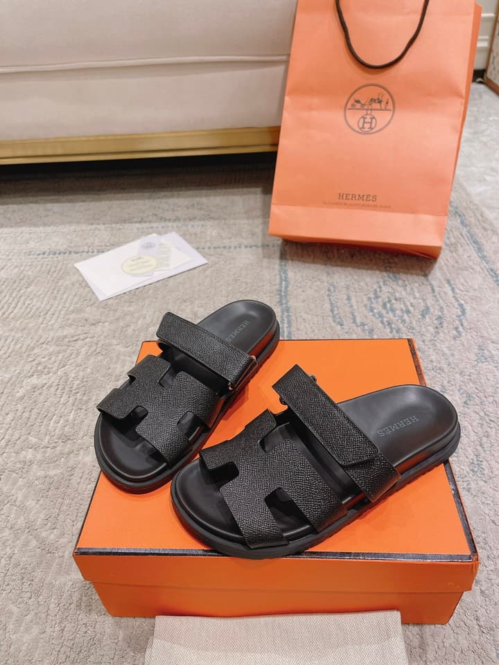 Hermès Chypre Suede Unisex Slides in Black With Dark Blue Strap