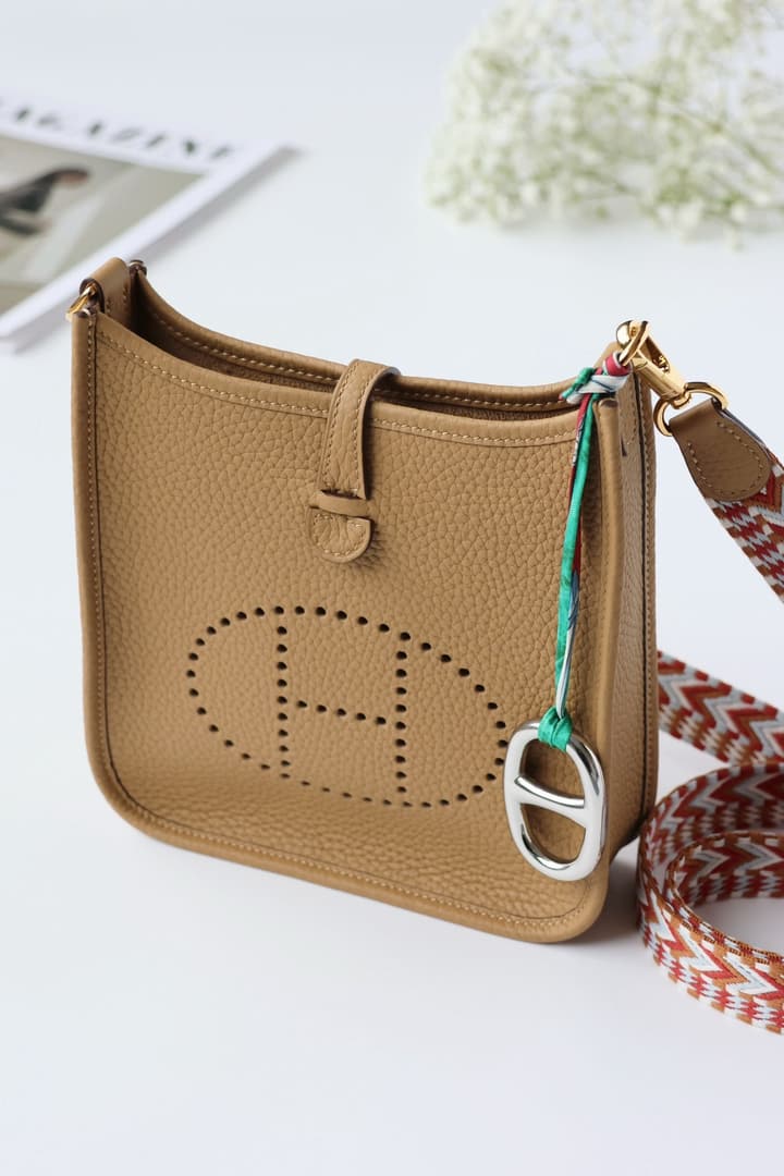 Hermès Mini Evelyne TPM – Biscuit with Colorful Strap in Biscuit With Colorful Strap