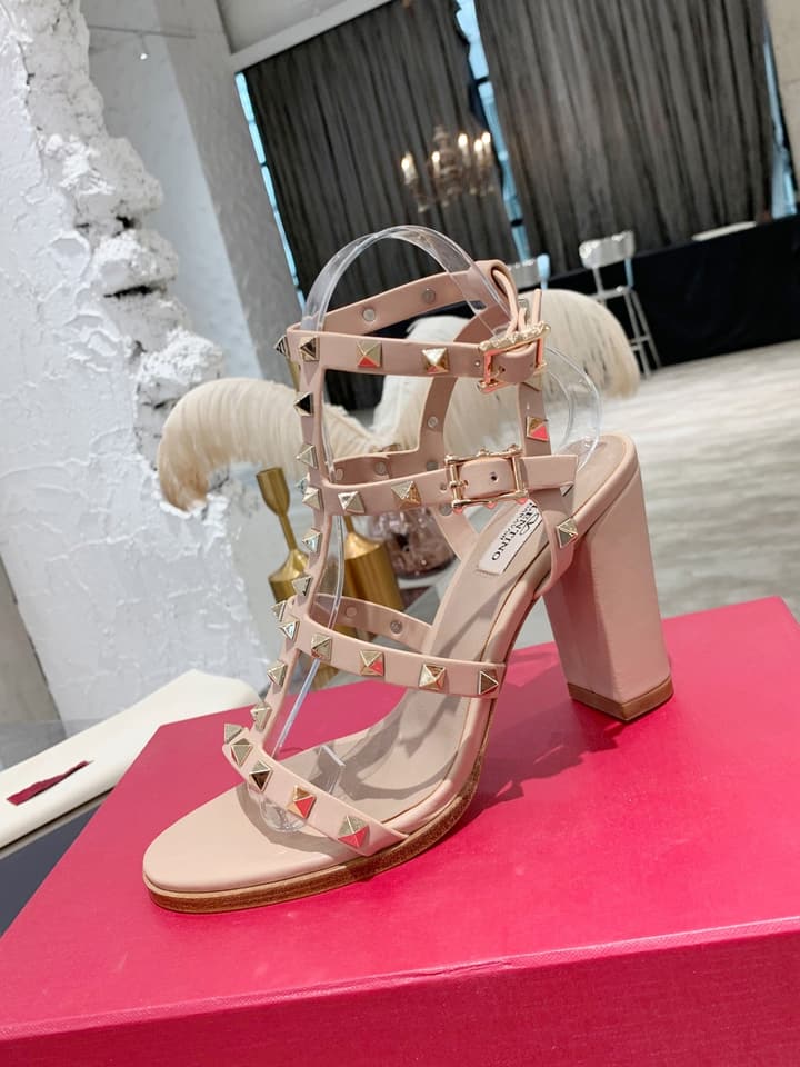 Valentino Studded Classic Block Heel Sandals in Black With Black Studs 6.5cm Heel
