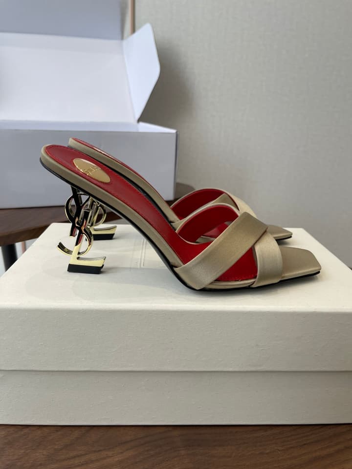 Saint Laurent Opyum Satin Heeled Mules – Early Spring Collection – 26S in Champagne Gold