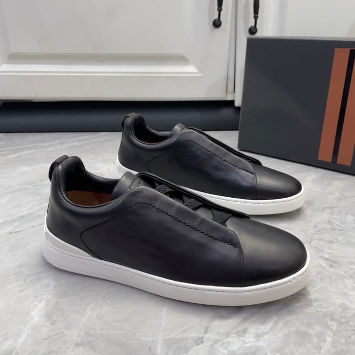 Zegna Triple Stitch Low-Top Sneakers in Navy Blue