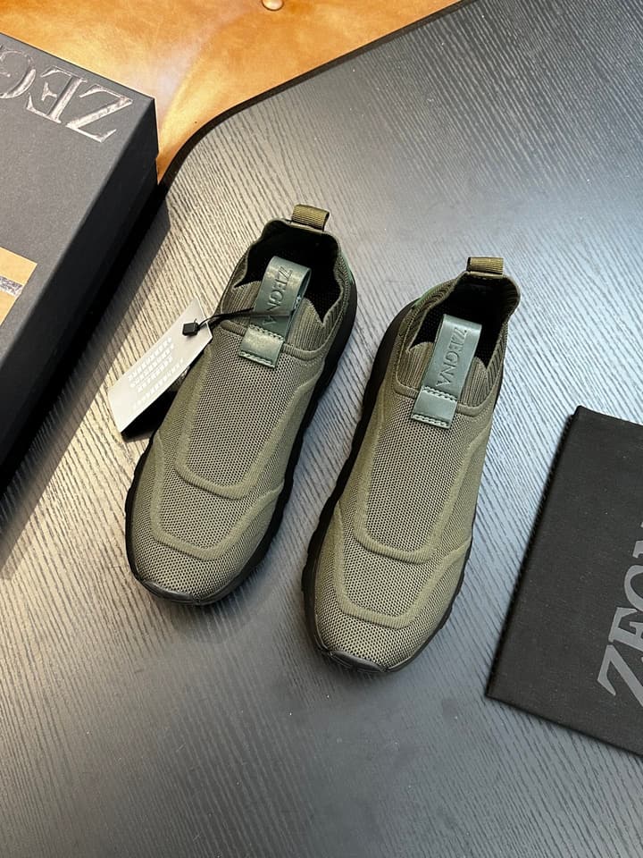 Zegna Techmerino Slip-On Sneakers in Dark Navy With Green Accent