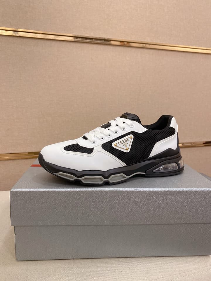 Prada Men's Leather Mesh Sneakers – New Collection in Light Grey With White Logo