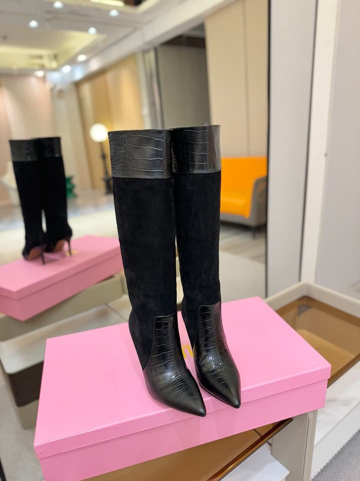 Paris Texas Crocodile Embossed Stiletto Knee-High Boots in Black Suede And Leather