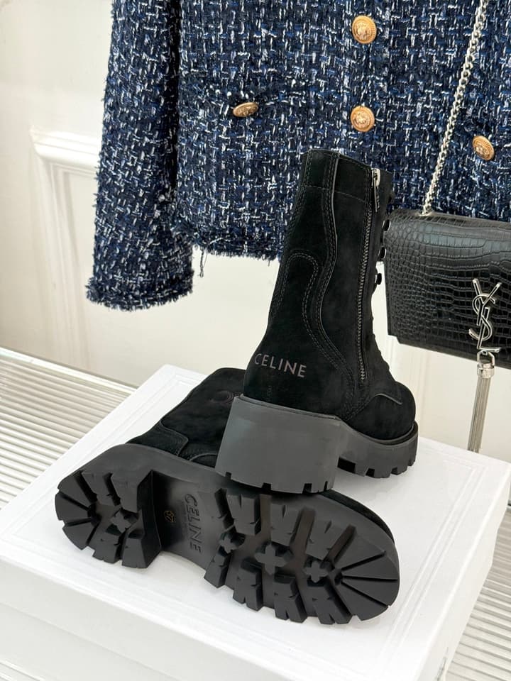Celine Classic Triomphe Platform Martin Boots in Black Leather