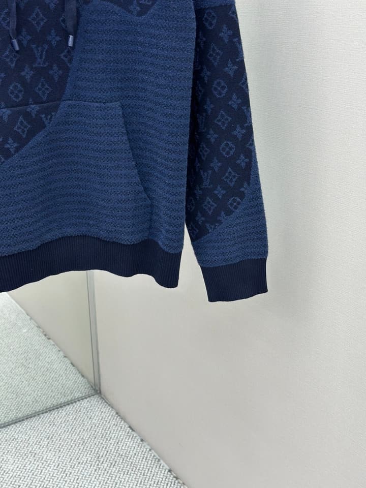 Louis Vuitton Monogram Jacquard Spliced Cashmere Hoodie in Dark Navy Monogram Jacquard