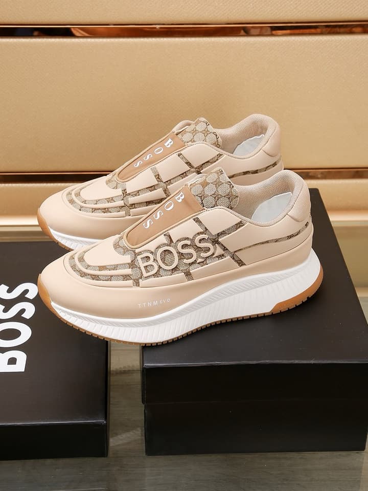Boss New Men's Luxury Athletic Sneakers in Black With White Detail