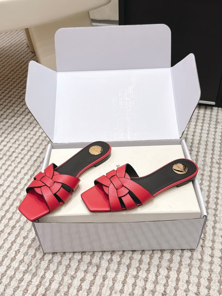 Saint Laurent Melody Square Toe Flat Sandals – 2026SS in Burgundy Patent