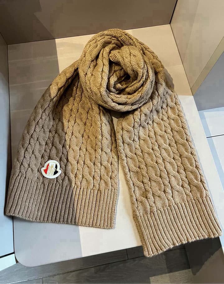 Moncler Knitted Scarf Hat Set in Camel Knit