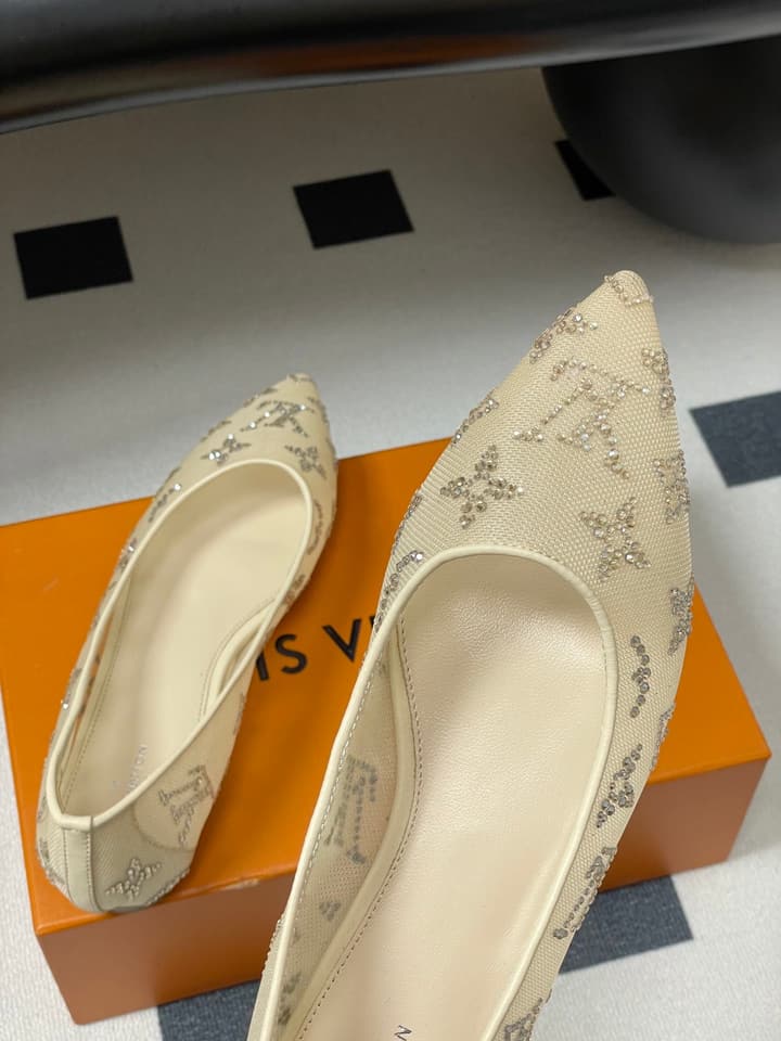 Louis Vuitton Mesh Crystal Pointed-Toe Flats – 25SS Summer Collection in Black Patterned