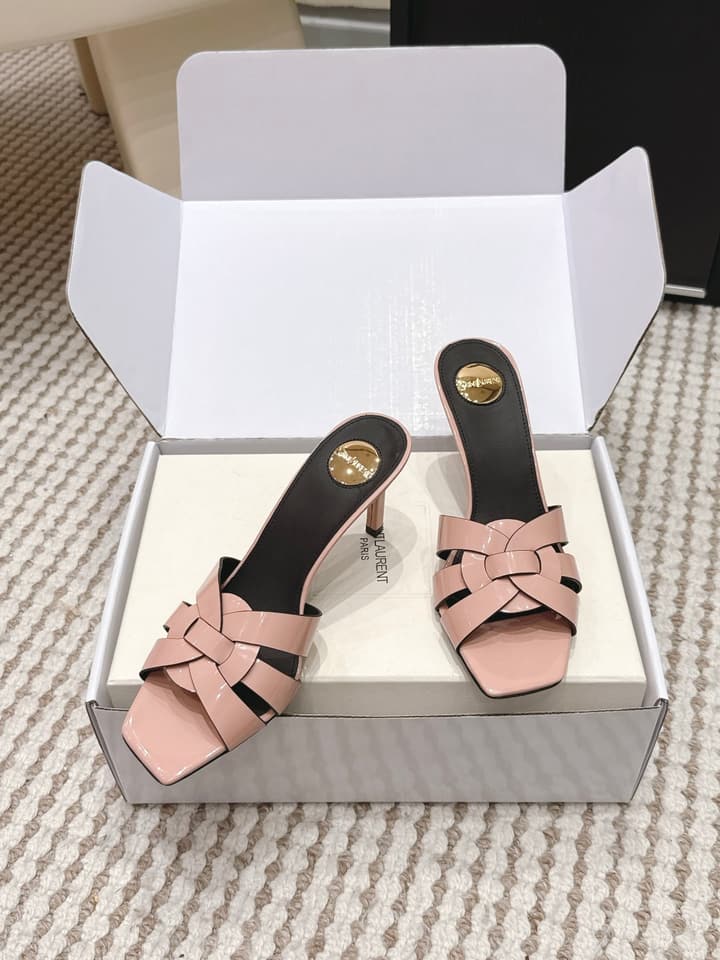 Saint Laurent Melody Square-Toe Heeled Sandals – 2026 Spring/Summer Collection in Beige Patent