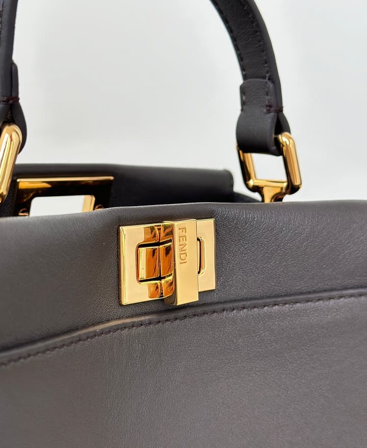 Fendi Peekaboo Classic Calfskin Satchel in Dark Coffee Brown Leather