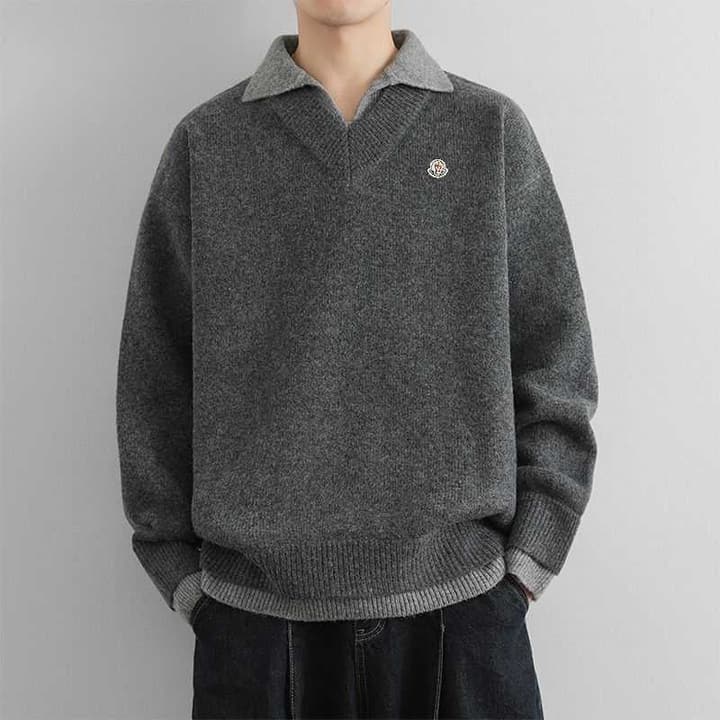 Moncler Double V-Neck Blended Knit Sweater – Spring/Autumn New Collection in Dark Grey