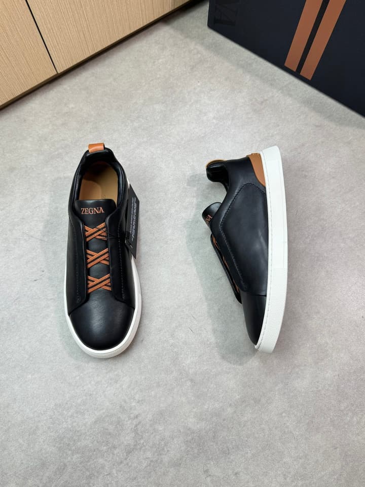 Zegna Triple Stitch Nappa Leather Slip-On Sneakers in Black