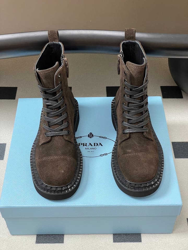 Prada Triangle Logo Combat Boots – 25SS in Black Suede