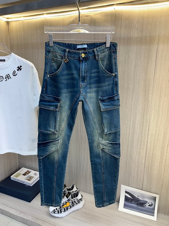 Prada Men's Washed Denim Jeans – 2025 Collection in Solid Black
