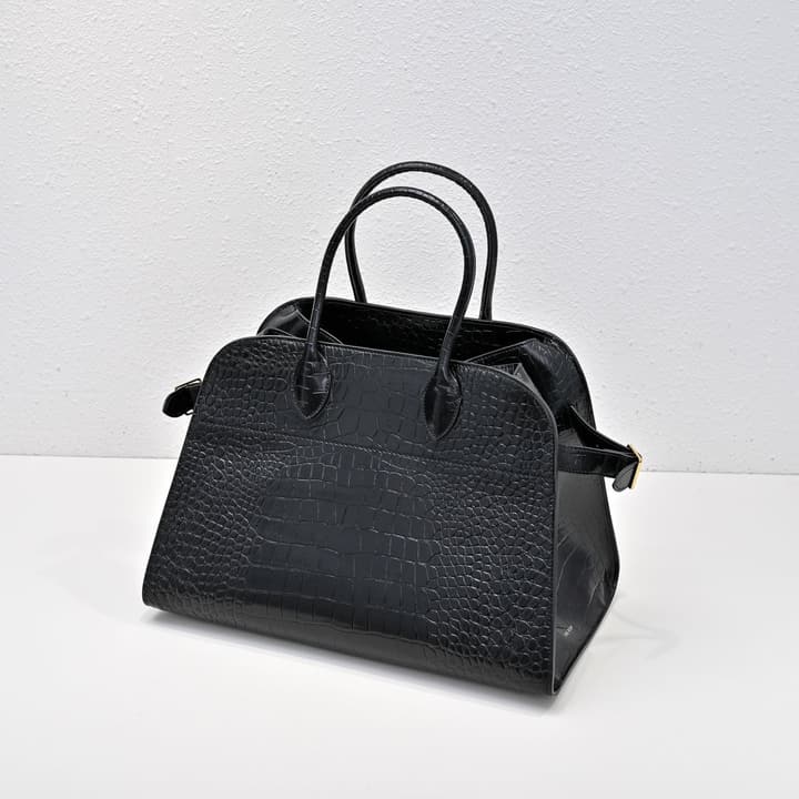 The Row Margaux Crocodile Embossed Tote in Black Crocodile Embossed