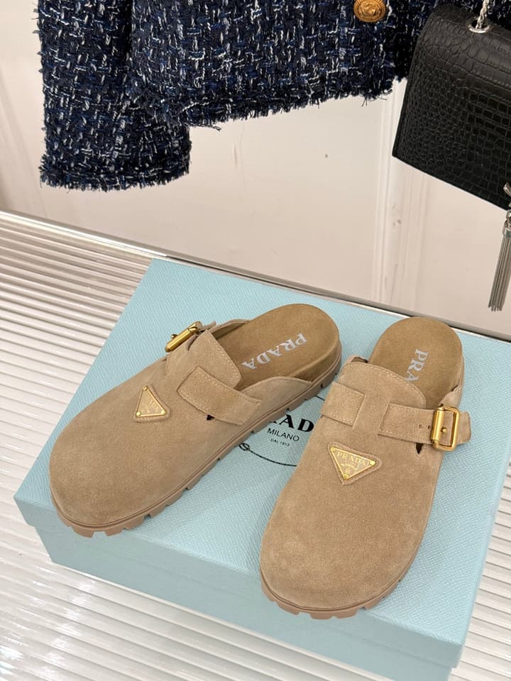Prada Triangle Logo Birkenstock Slippers – Spring/Summer Collection in Black Suede