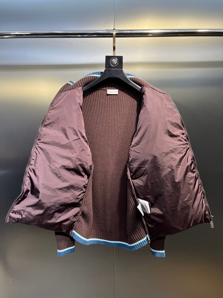 Moncler Knitted Patchwork Stand-Collar Jacket in Dark Brown