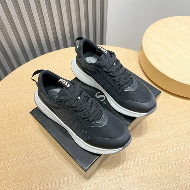Boss Men's Layered Sport Sneakers in Black With White Sole