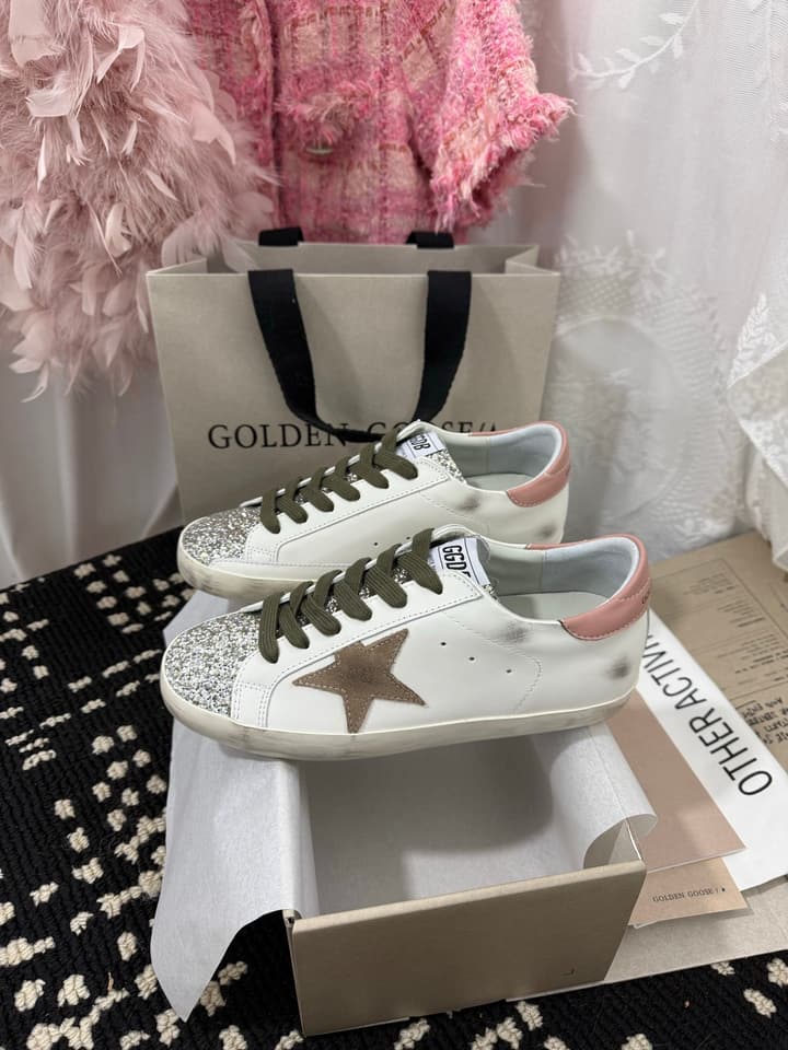 Golden Goose Super Star Rhinestone Leather Sneakers in Grey Suede Black Leather White Star