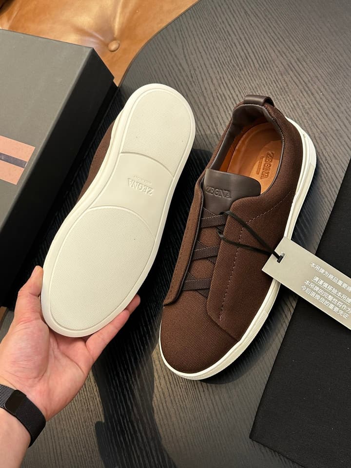 Zegna Triple Stitch Low-Top Sneakers in Dark Brown