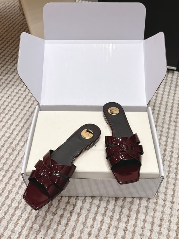 Saint Laurent Melody Square Toe Flat Sandals – 2026SS in Burgundy Patent