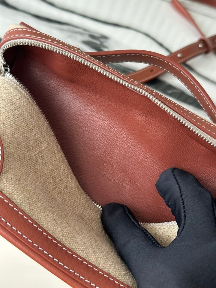 Loro Piana L19 Canvas Crossbody Bag – Spring/Summer Resort Collection in Beige Canvas With Burgundy Trim