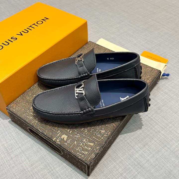 Louis Vuitton Men's Grained Leather Driving Shoes in Dark Gunmetal Hardware