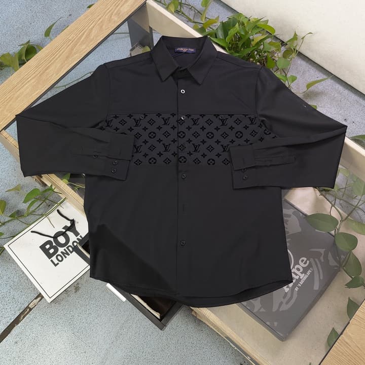 Louis Vuitton Flocked Logo Patchwork Long Sleeve Shirt – 2025 Collection in Black Flocked Monogram Shirt