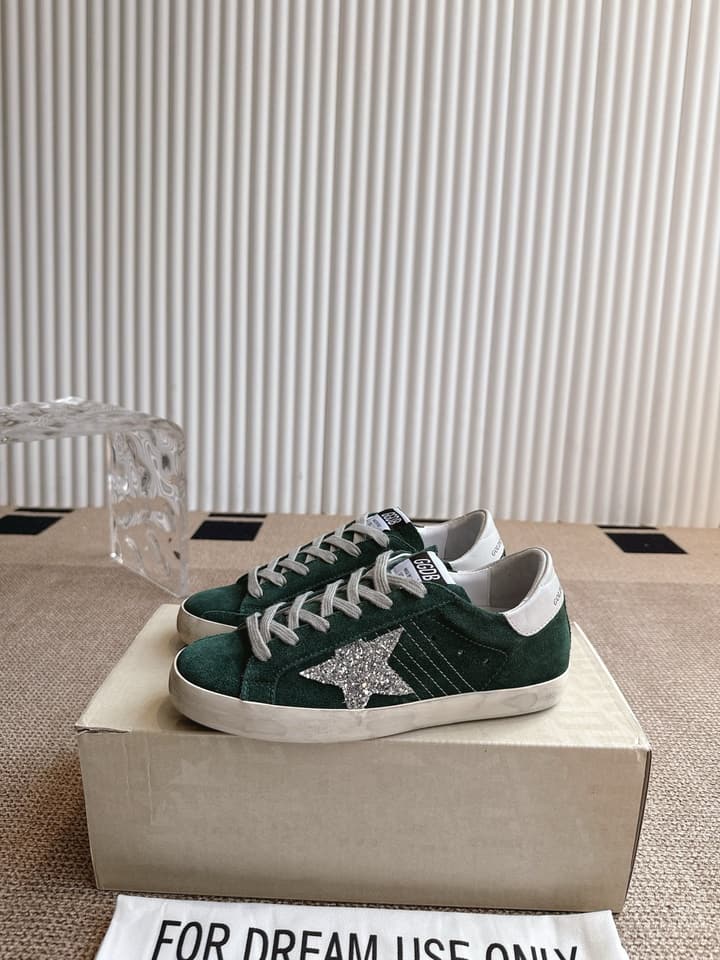 Golden Goose Distressed Leather Sneakers in Dark Green