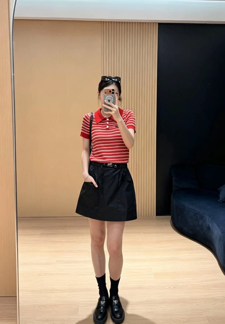 Miu Miu Embroidered Striped Knit Polo Shirt in Brown