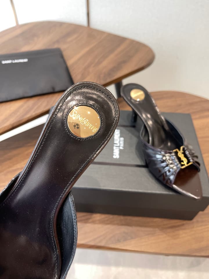 Saint Laurent Pointed Toe Stiletto Heeled Sandals – 26SS in Black - Gold Logo Plaque