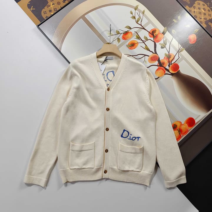 Dior CD Letter Embroidered Knit Cardigan – 2025 Fall in Cream Beige