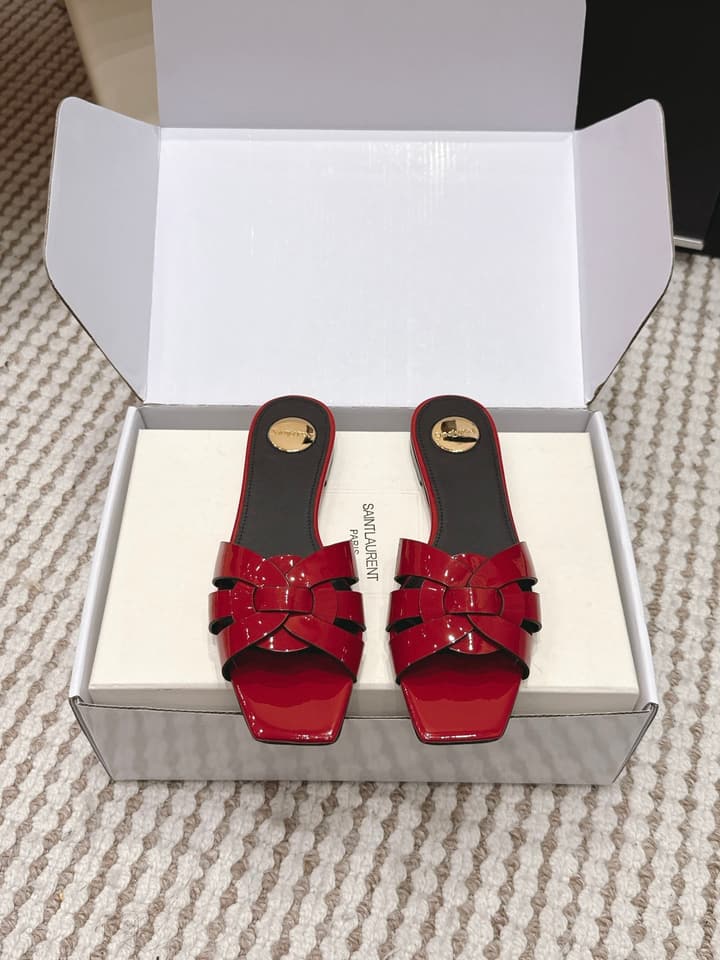Saint Laurent Melody Square Toe Flat Sandals – 2026SS in Burgundy Patent