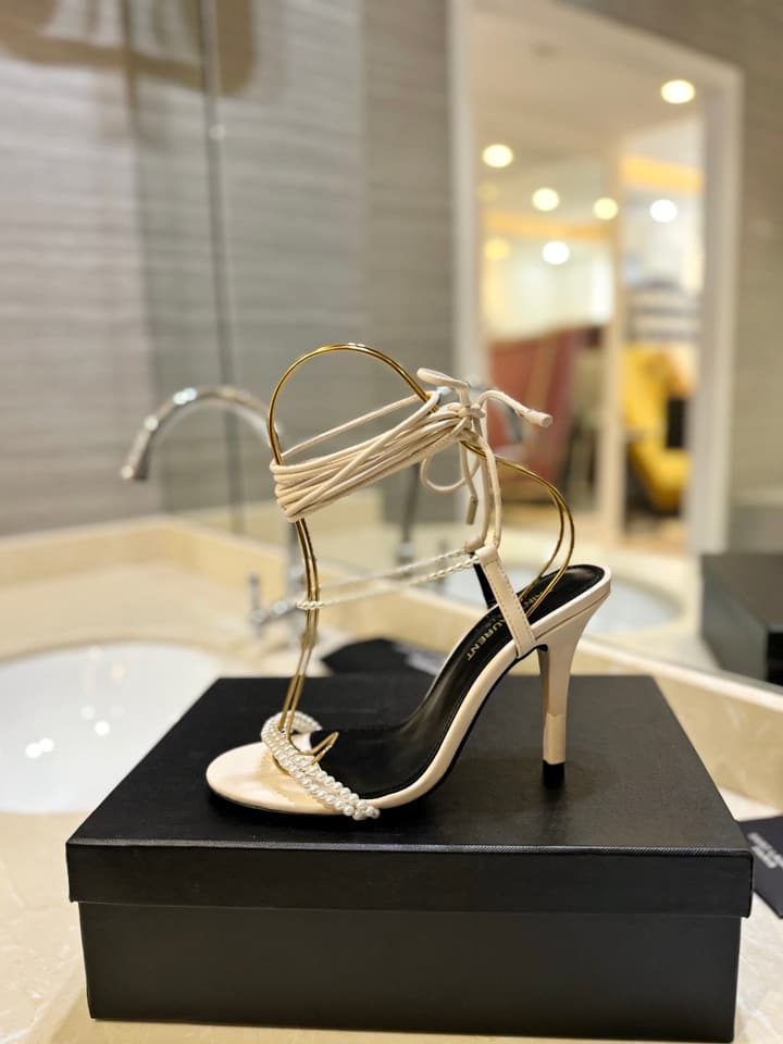 Saint Laurent YSL Pearl Strappy Heeled Sandals in All Black
