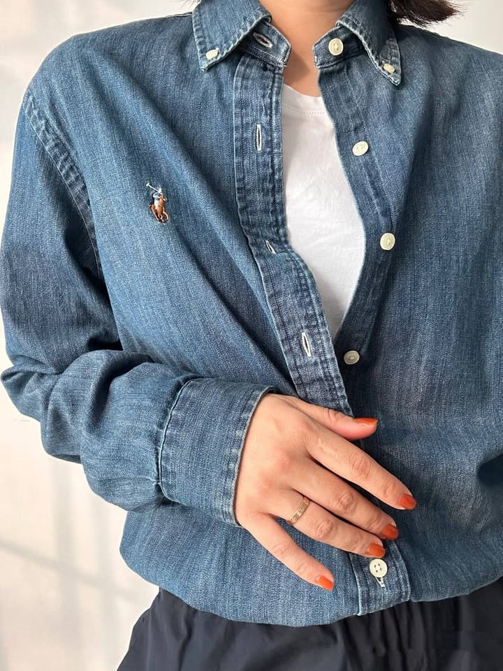 Ralph Lauren Washed Denim Shirt with Embroidered Logo in Dark Wash Denim Flat Lay